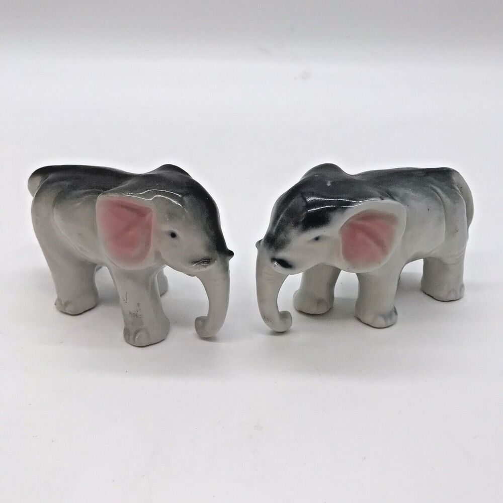Vintage Pair (2) of Miniature Ceramic Gray & White Elephant Figurines Japan